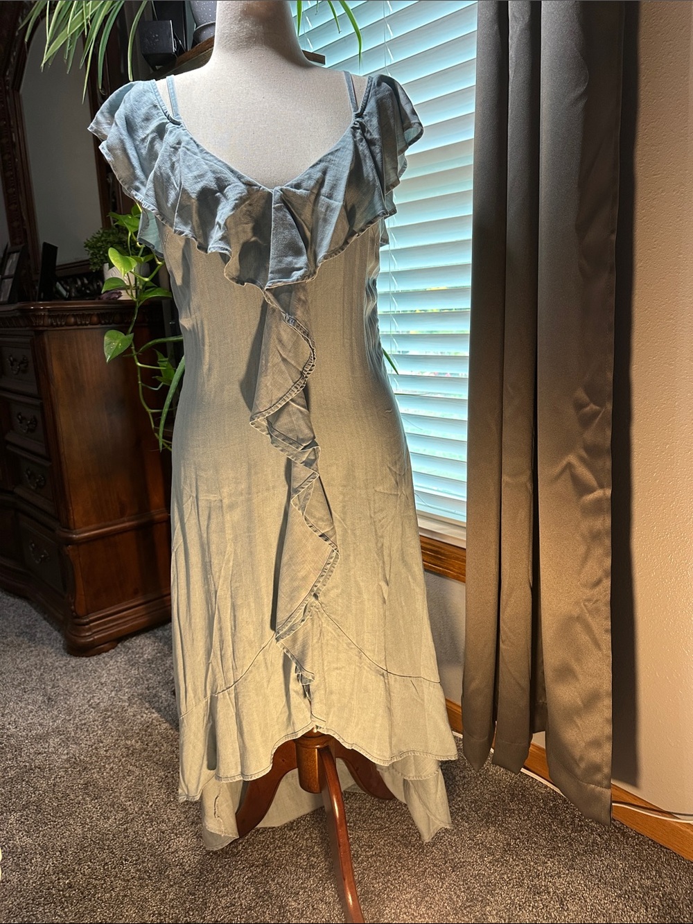 VENUS Light Blue Ruffle-Trim V-Neck Asymmetrical Midi Dress